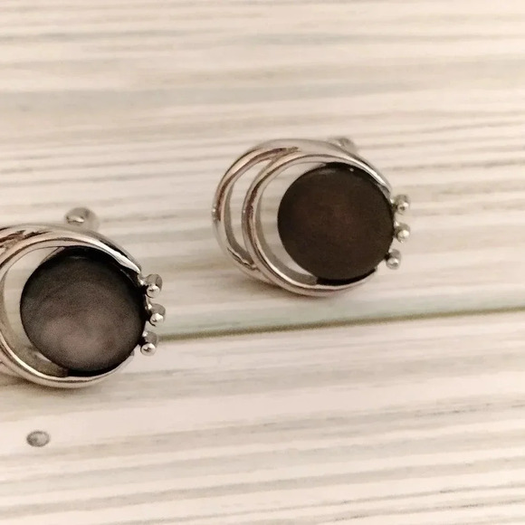 Vintage 1960s Atomic Swank Cufflinks Silvertone Smokey Mother of Pearl - Picture 5 of 5